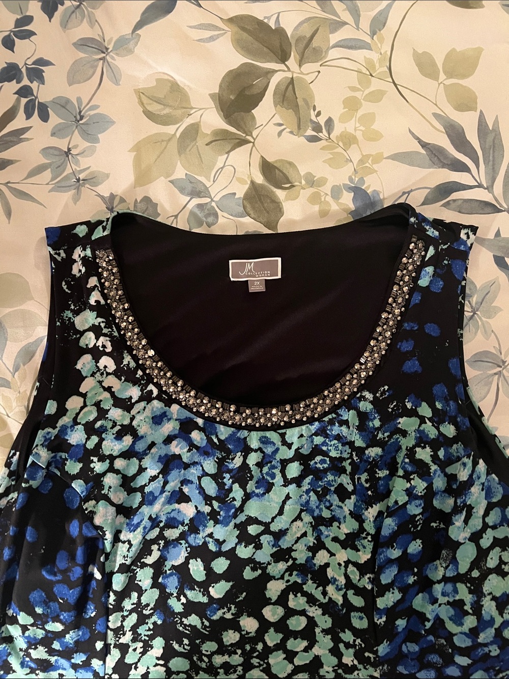 JM Collection 2X Blue Black Embellished Neckline Floral Print Dress